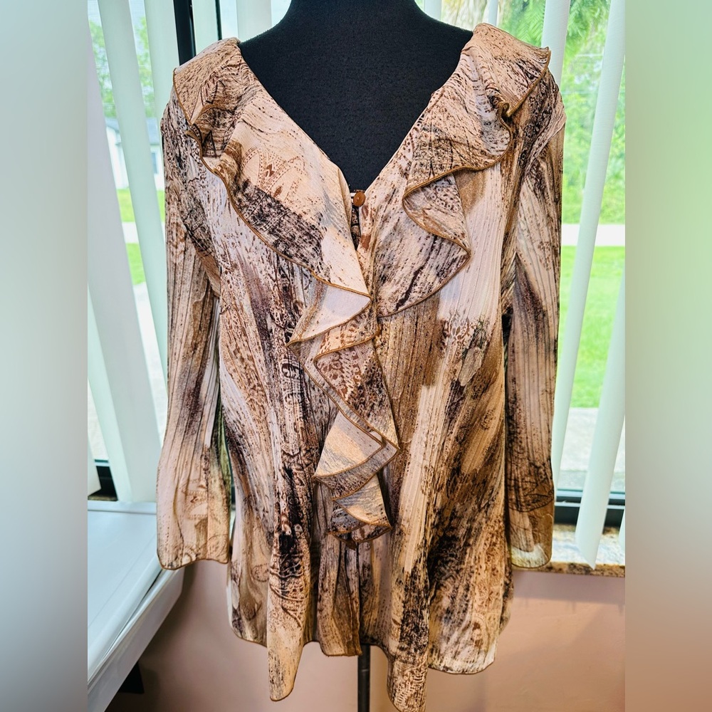 Cato BeigeBrown Hues Long Sleeve Ruffled Blouse Woman Plus Size 18/20